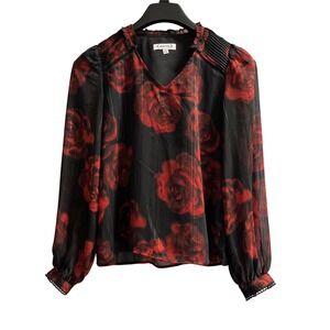 Nanette Lepore Top Womens XS Black Pleated Sheer Chiffon Red‎ Floral Layered